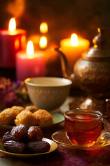 Fototapeta premium Warm tea and dates served with sweets beside candles during evening gathering