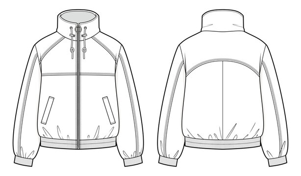 Gorpcore Windbreaker Jacket Technical Fashion Illustration. Lightweight Outdoor Shell with Funnel Neck, Toggle Drawstring Adjustments. Relaxed Fit. Front and Back Views. Unisex Outerwear. CAD Mockup.
