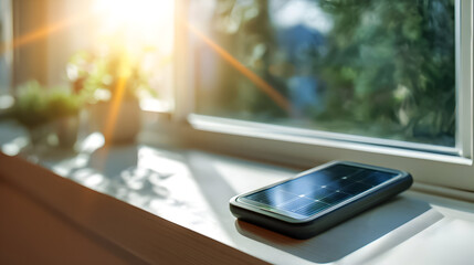 Sunlight shines on a smartphone placed on a windowsill with plants in the background during morning hours