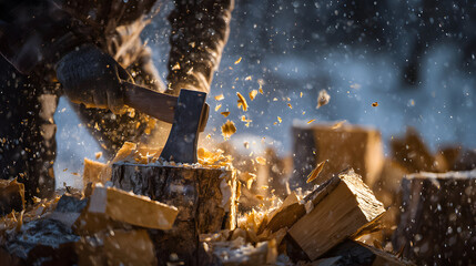 Wood chopping in winter as the sun sets in a snowy forest location