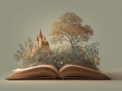 Creative fantasy illustration of open book with castle and nature, storytelling concept, imagination and dreamy watercolor art