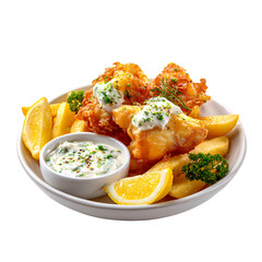Crispy fish and chips with creamy sauce delicious meal Isolated on transparent background