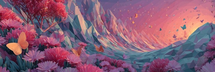 Vibrant low-poly geometric landscape with pink flowers, butterflies & sunset sky, artistic decor backdrop, wallpaper, nature-inspired brand visual, creative design element