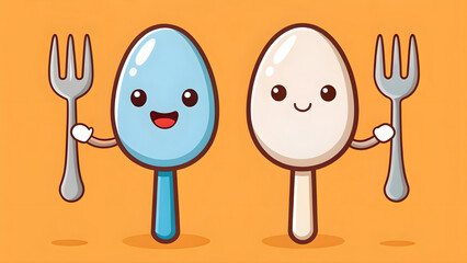A spoon and fork having a friendly conversation, playful illustration style
