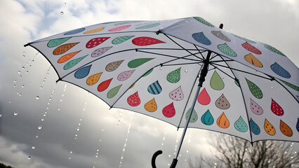 An umbrella releasing sticker-shaped rain