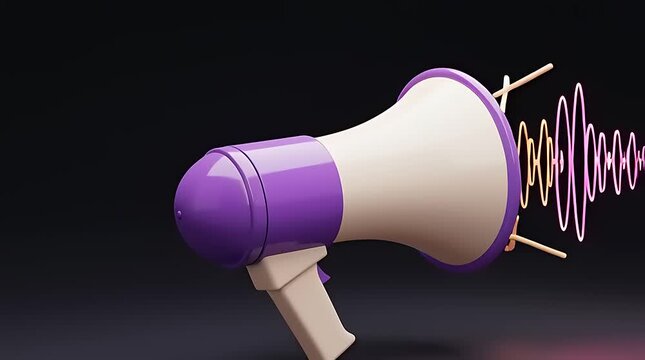 Purple megaphone broadcasting animated audio waveforms on dark background.