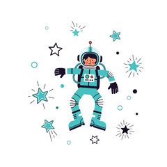 Naklejka premium Cute astronaut floating in space with stars and planets, cartoon illustration
