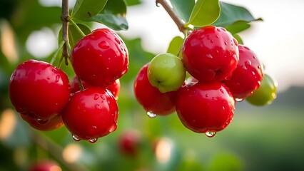 Obraz premium Vibrant red acerola cherries glistening with dew drops on a branch, showcasing fresh, healthy, and juicy tropical fruit in a natural setting