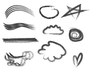 Collection of abstract shapes and lines in black and white