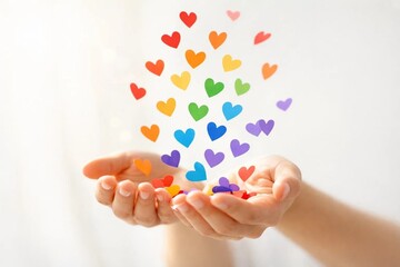 Minimal Rainbow Celebration Concept with Hands Releasing Colorful Paper Hearts in Soft Light