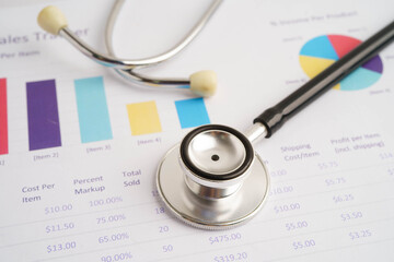 Stethoscope and US dollar banknotes on chart or graph paper, Financial, account, statistics and business data  medical health concept.