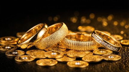 Luxurious gold wedding rings with intricate designs resting on a bed generic sparkling gold coins.