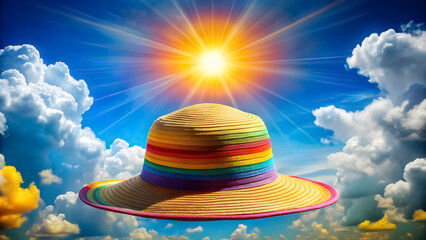 A hat releasing clouds and sunshine, vibrant optimistic palette