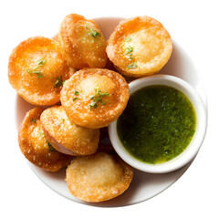 Crispy fried pani puri snacks in bowl with green sauce, Isolated on transparent background