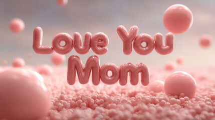 Mothers Day, Valentines Day, love holiday theme. A vibrant pink background with the words Love You Mom prominently displayed in the center. The text is surrounded by a flurry of pink bubbles.
