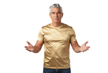 Middle-aged gray-haired man wearing a gold t-shirt making an open-palmed, welcoming gesture against a transparent background