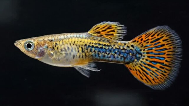 A captivating close-up shot features a small, vibrant fish gracefully swimming in pristine, clear water against a deep, dark background. Its iridescent scales shimmer with intricate patterns of yellow