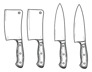 Hand drawn line art kitchen knives set featuring cleavers and chef knives for cooking