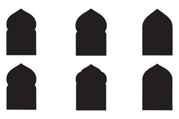 Old mosque windows shape in oriental style. Islamic door set, flat arabic frames or arabian arches silhouette. Muslim architecture geometric design elements, moroccan minimal arcs. Ramadan kareem gate