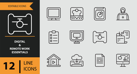 Digital and remote work essentials line icons collection for modern productivity