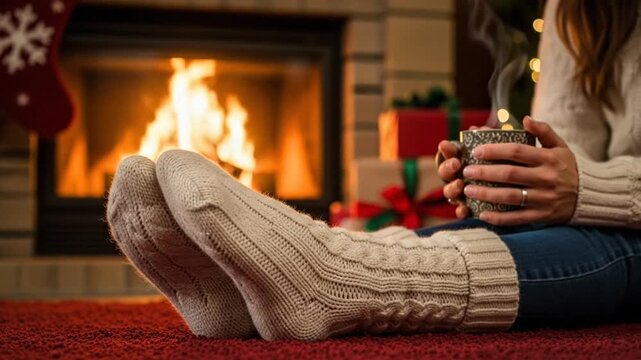 Cozy Winter Evening: Person Relaxing by Fireplace with Hot Drink