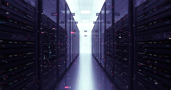 High-Performance Server Room Surrounded by Computer Racks. Technology Related 3D Animation.