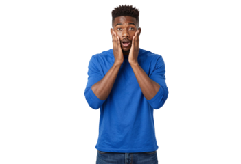 Young man in a blue long-sleeve shirt with a shocked, surprised expression, hands on his cheeks, posed against a plain transparent background