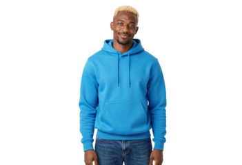 Young man smiling in a bright blue hoodie and jeans against a white studio background