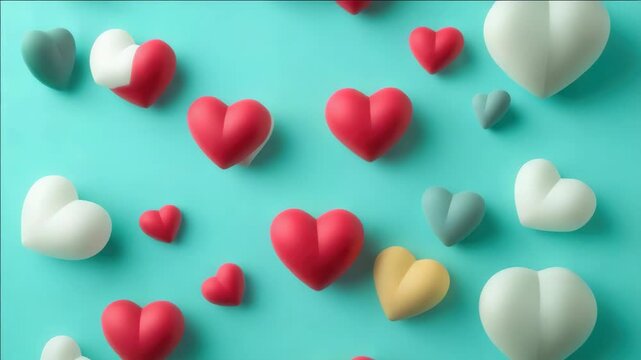A collection of small heart-shaped keychains in various colors displayed against a blue background.