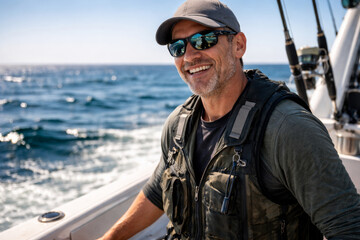 Obraz premium Happy man wearing sunglasses on a fishing boat at sea