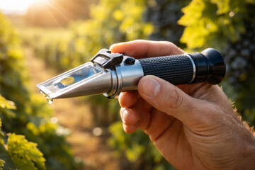 Obraz premium Hand holding a refractometer in vineyard setting during sunset