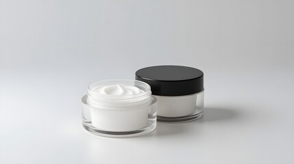 Two cosmetic jars with white cream and black lid on white background