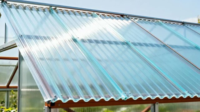 Medium shot of corrugated polycarbonate roofing sheets on a greenhouse highlighting their lightweight weatherresistant surface.
