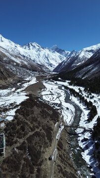 Aerial Drone View of Snow Covered Chitkul Village in Himachal Pradesh, India