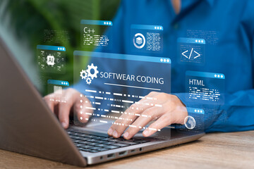 Software coding development concept, Female programmer using a laptop writing code, modern programming languages, system development, innovation, digital technology, future software engineering work