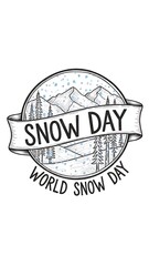 Obraz premium Winter landscape illustration featuring mountains, trees, and snowflakes in a circular frame