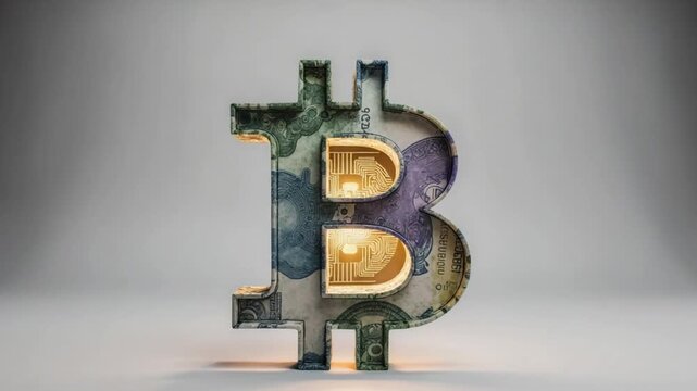 Bitcoin symbol made of currency notes with glowing circuit patterns