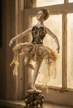 Clockwork Victorian circus automata dolls: Antique Ballerina Doll with Exposed Gears in Golden Light