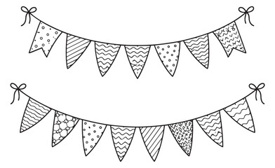 Hand drawn line art bunting flags set featuring various patterned pennants and decorative bows for party and celebration decoration