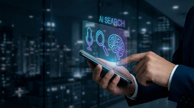 Artificial intelligence search concept with businessman using mobile phone with glowing neon tech icons overlay - Powered by Adobe