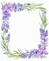 Naklejka premium Delicate watercolor floral frame featuring purple flowers and green leaves creating a soft flower border