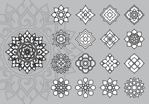 tradition geometric pattern icon symbol for decoration outline element vector set thai vintage style