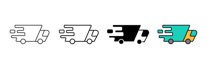 Set of minimalist speed delivery truck icons with transparent background, depicting fast shipping symbols, express logistic services, and quick transport for e-commerce, vector illustration