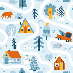 Cute winter map pattern. Seamless vector landscape print with christmas village.