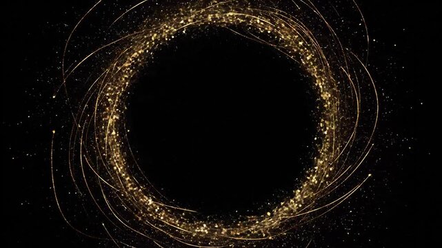 Golden dust particles swirling in circle ring forming luxury abstract portal on black background.