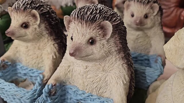 hedgehog with basket in the store beautiful cute figurines