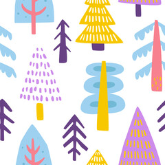 Spruce tree doodle pattern. Colorful forest seamless vector print with fir trees.