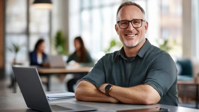 Smiling man in a modern office setting, seated at a desk with a laptop. Captured from a medium angle, ideal for a professional video thumbnail.