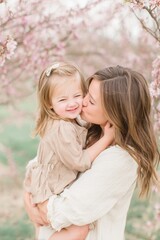 Fototapeta premium Mothers Day, Valentines Day, love holiday theme. A woman tenderly embracing a young girl in a blossoming garden. The garden is filled with pink blossoms, and the background is slightly blurred.