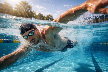 Male swimmer training underwater in a sunny pool setting